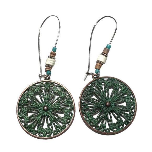 Jewelry - Bohemian Green Filigree Metal Earrings With Beaded Accents For Women